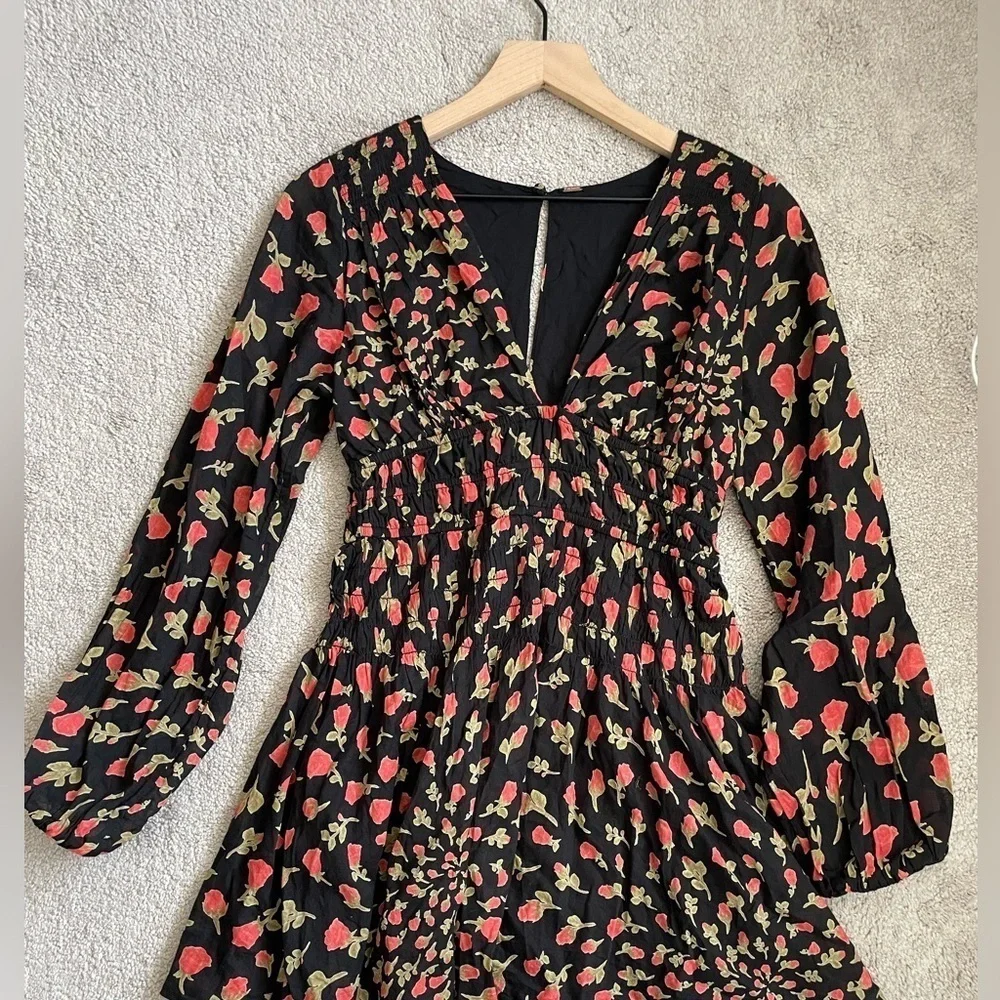 Free People|| Keep You Long Sleeve Mini Dress, Black and Rose Combo. size Small